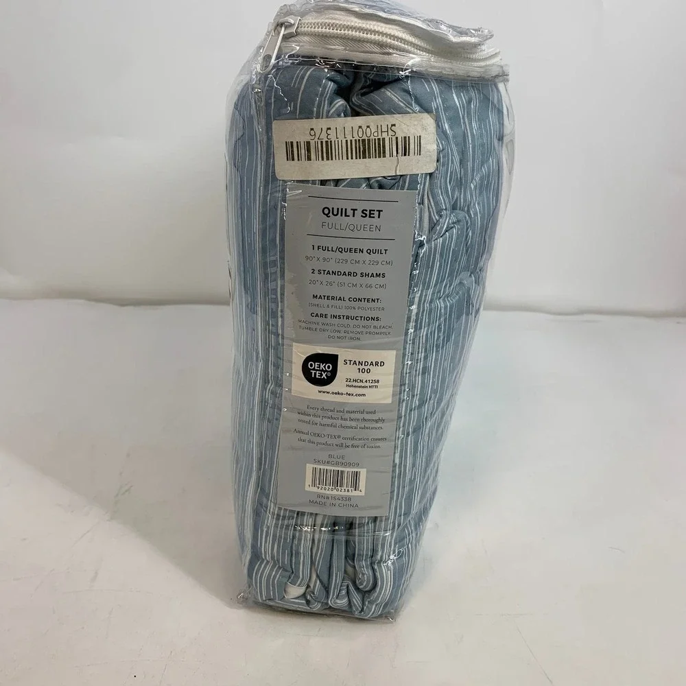 Truly Soft Aiden Full Queen Size Quilt Set Blue Stripe‎ 2 Standard Shams Bedding